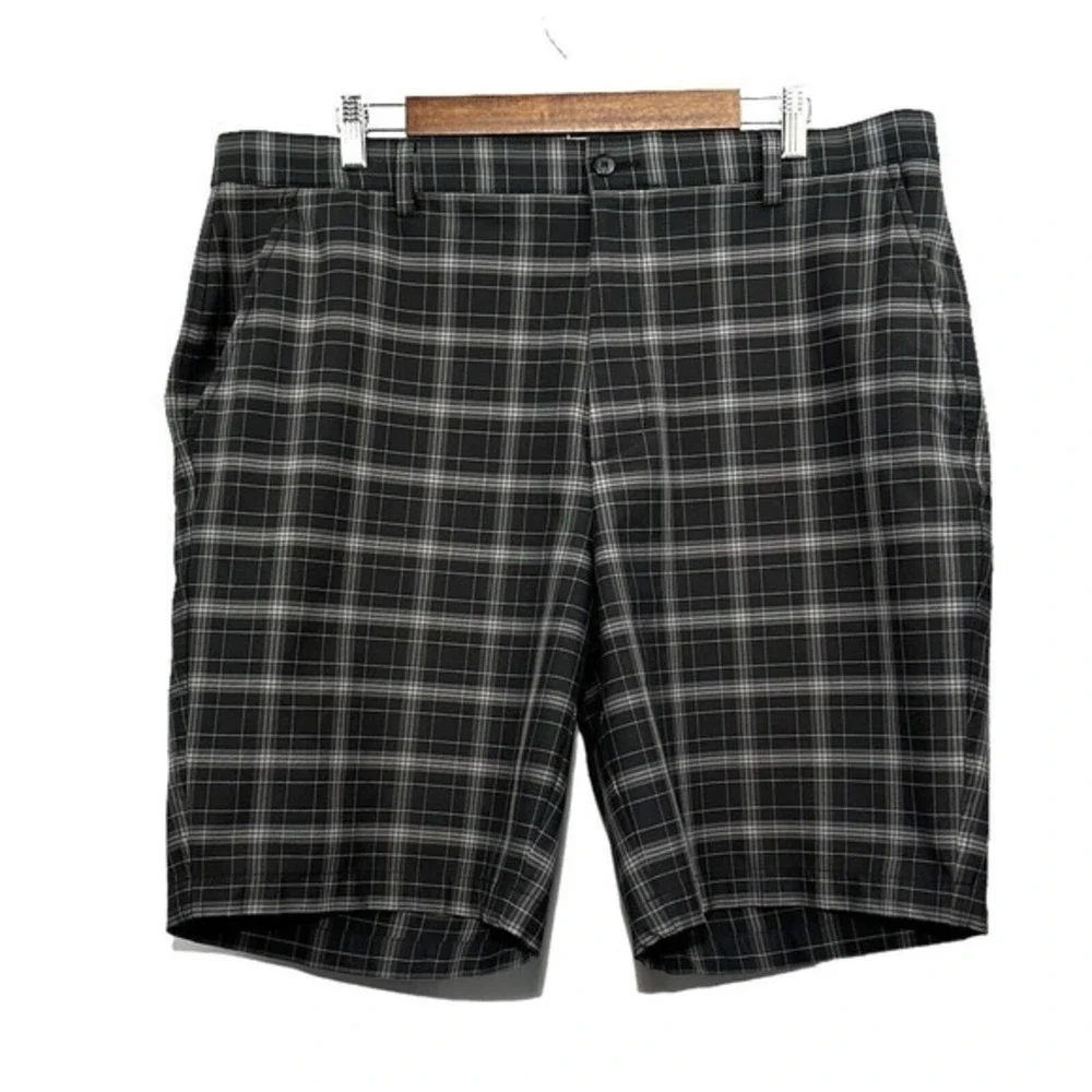 FootJoy FJ Gray Black Plaid Flat Front Polyester Spandex Golf Shorts Size 38‎